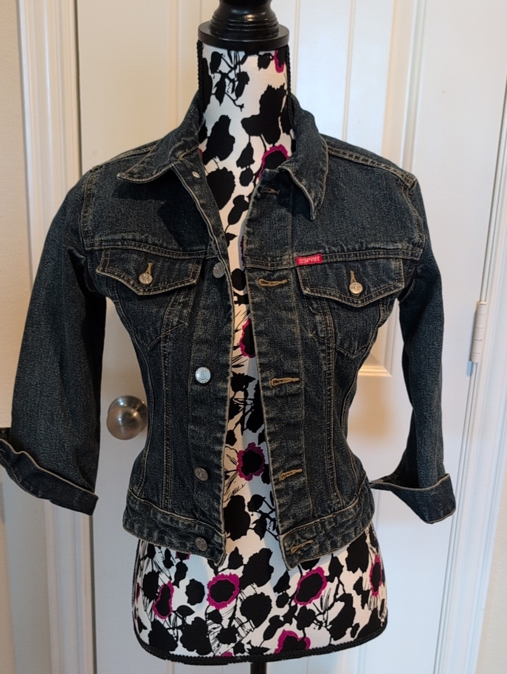 Vintage Esprit Short Dark Wash Denim Jean Jacket with 3/4 Sleeves Size XS